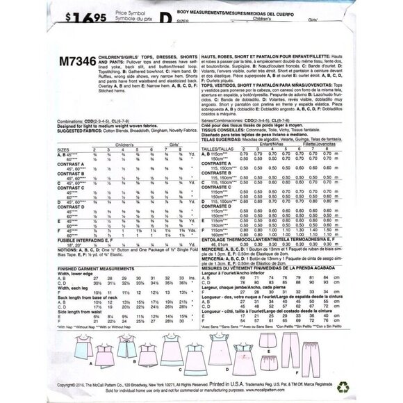 McCall's M7346 Girls 2T to 5 Tops, Dresses, Pants and Shorts Sewing Pattern New - Picture 2 of 2